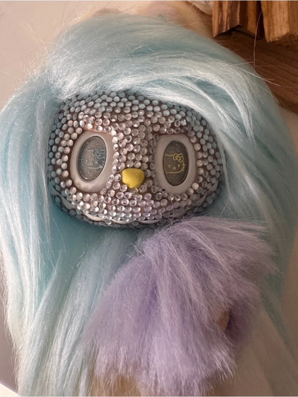 Custom handmade mixed color long hair with rhinestone face Labubu. 17cm